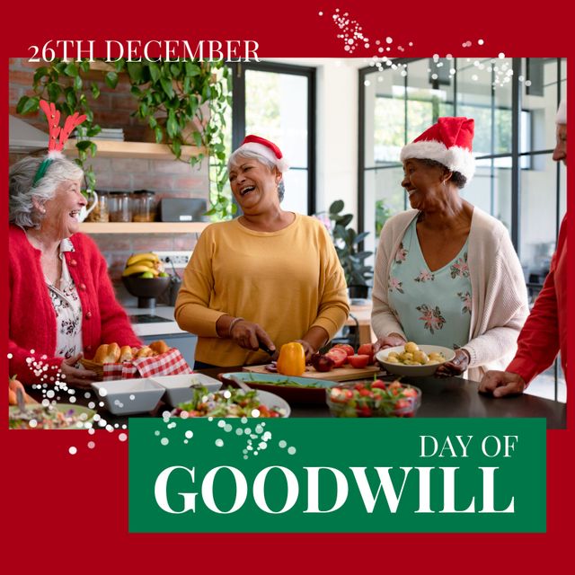 Composition of day of goodwill text with senior diverse people on red background. Day of goodwill and celebration concept digitally generated image.