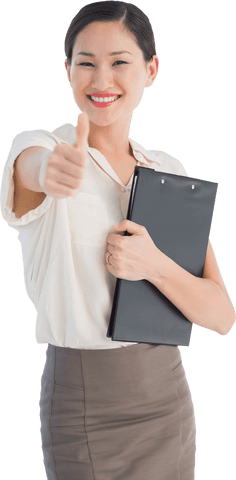 Confident professional woman giving thumbs up transparent background