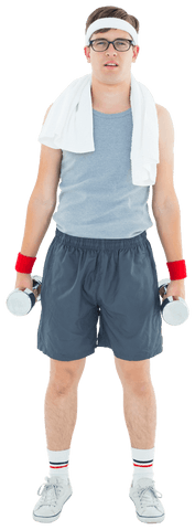 Caucasian man exercising with dumbbells on transparent background