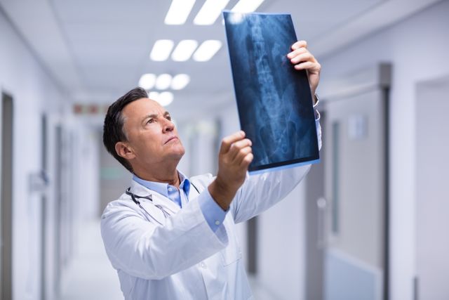 A male doctor in a white coat is carefully examining an x-ray in a hospital corridor. This scene is ideal for illustrating medical diagnostics, healthcare settings, and professional medical evaluations. It can be used for healthcare websites, medical brochures, hospital advertising, and educational materials related to medical training and patient care.