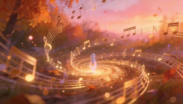 Glowing small figure summoning swirling musical staff vortex in autumn twilight woodland