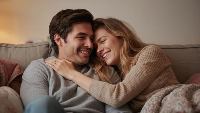 Cuddling couple on couch showing engagement ring, smiling in cozy knit sweaters, romantic evening