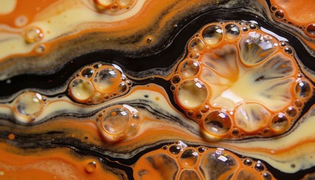 Flowing orange and black fluid marble with clear bubbles, dark veins and abstract texture