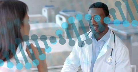 Physician consulting patient in clinic with dna helix overlay for precision medicine