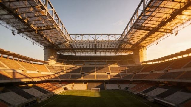 Sunlit modern stadium bowl with retractable steel roof and empty grass pitch