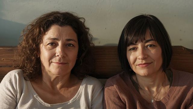 Two women leaning close on wooden bench sharing cozy companionship and gentle, warm smiles