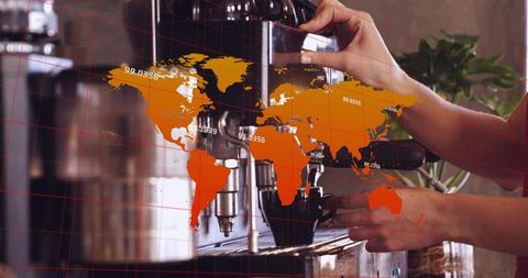 Barista preparing espresso with world map data overlay, coffee tech concept global plan