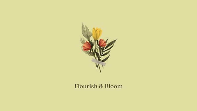 Elegant photo features a simple floral bouquet with text 'Flourish & Bloom' on a light yellow background. Ideal for use in greeting cards, advertisements promoting growth and positivity, brand visuals for florists, or minimalist design projects celebrating nature and elegance.