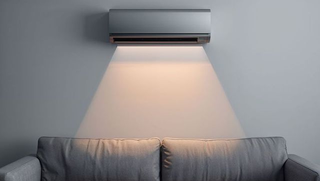 Modern split air conditioner illuminating cozy sofa space