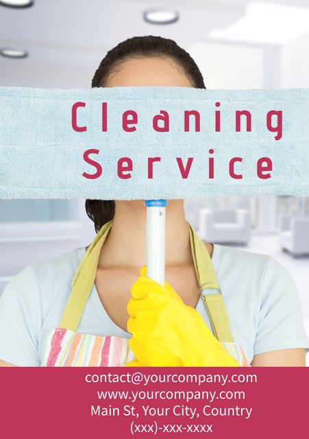 This cleaning service advertisement template showcases a professional cleaner wearing gloves and holding a mop. The template prominently features contact information, making it ideal for promoting cleaning companies. Suitable for marketing residential or office cleaning services, janitorial services, and professional maid services. Use it in print or digital marketing campaigns to attract clients seeking reliable cleaning solutions.