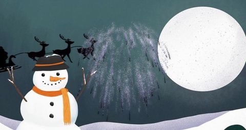 Smiling snowman watching flying sleigh under full moon with purple fireworks whimsical holiday scene