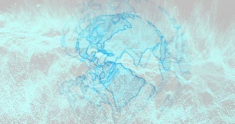 Rotating cyan wireframe globe visualizing data streams and particle network connectivity