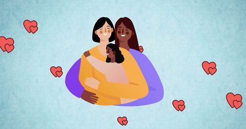 Happy Family Embracing with Love and Heart Icons