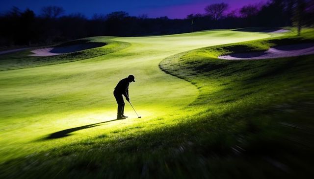 Backlit golfer preparing putt on dusk fairway with dramatic silhouette and curving bunkers