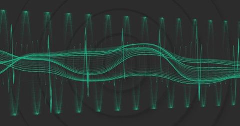 Teal Neon Waveform Visualization with Dotted Layers, Spike Peaks and Rippling Rings