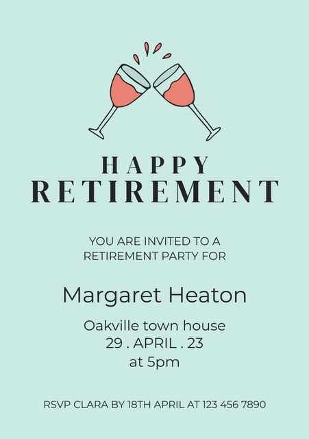 Elegant invitation for retirement party featuring toasting glasses and text details on blue background. Useful for sending digital invites, printing as physical cards, and announcing retirement celebrations to friends and family.