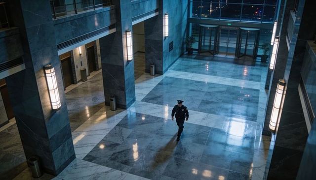 Uniformed police officer patrolling spacious marble lobby at night with revolving doors and elevator