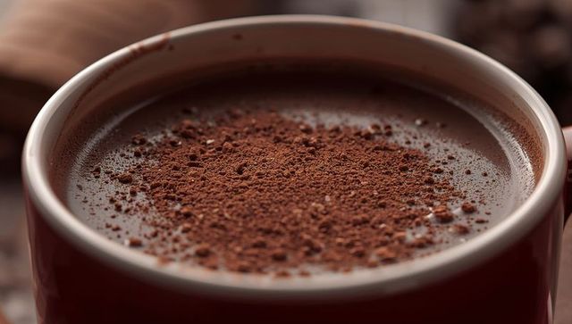Warm Indulgence: Top View of Frothy Hot Chocolate in Red Mug