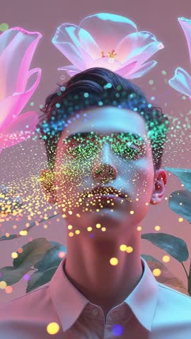 Shirted Man with Drifting Particles and Blooming Lotus — Futuristic Vertical Video Loop