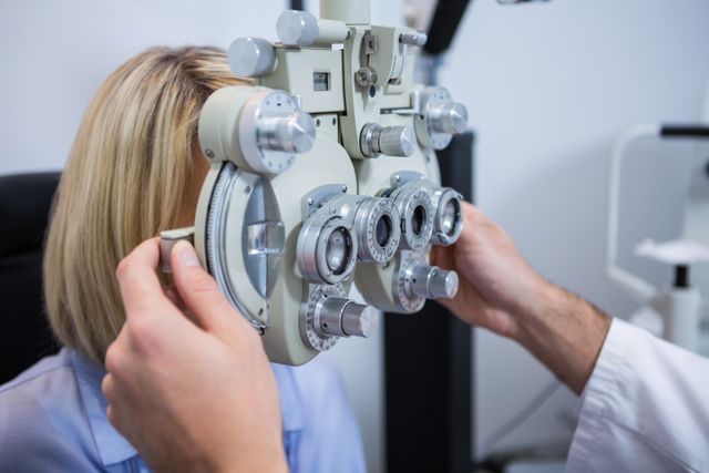 Female patient under going eye test through phoropter in ophthalmology clinic