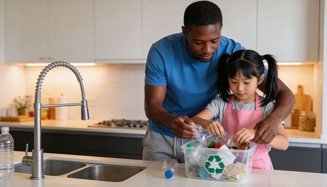 Parent guiding child sorting recyclables in modern kitchen teaching sustainable habits