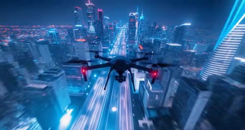 Futuristic Drone Navigating Neon-Lit Urban Skyline at Night