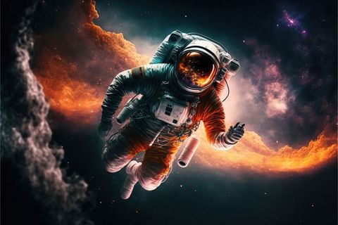 Ai-generated astronaut floating among vibrant cosmic wonders