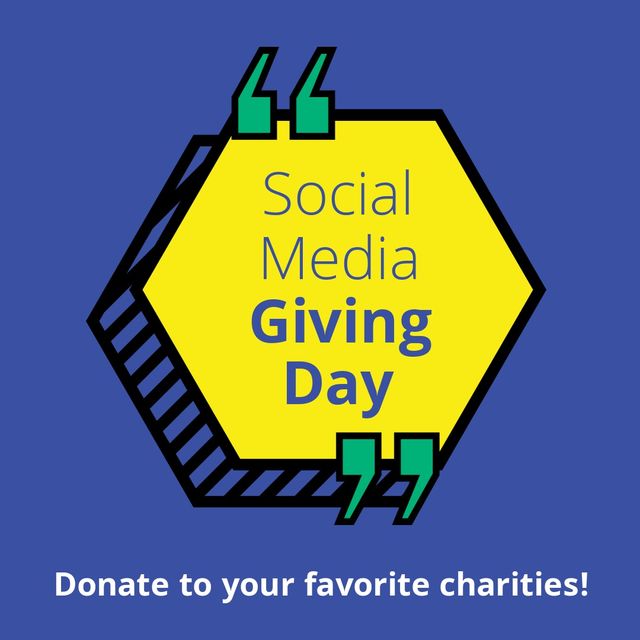 Illustration of social media giving day message in yellow hexagon on blue background, copy space. vector, fundraising, charity, social media, donation.