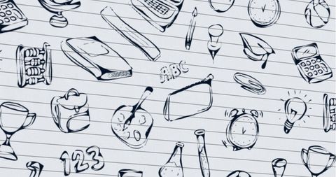 doodle illustrations of school supplies on lined pages background - Download Free Stock Images Pikwizard.com