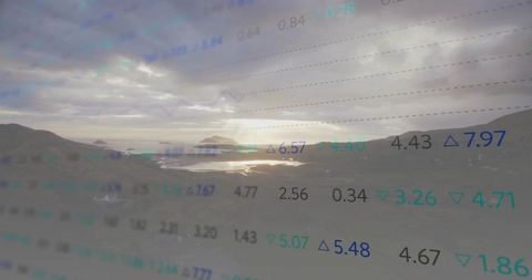 Financial data overlay on coastal landscape during cloudy sunset