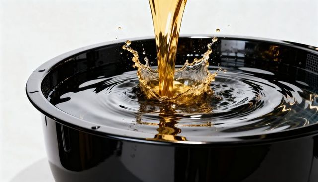Glossy black basin catching golden liquid pouring with crown splash and reflective ripples
