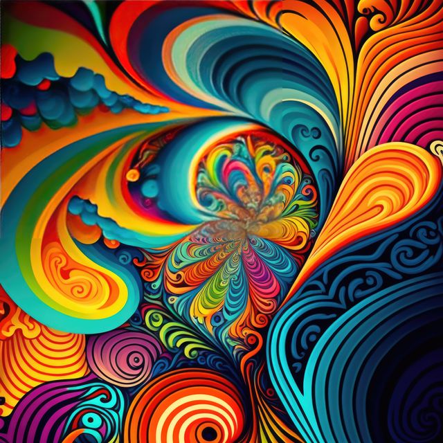 Colourful and psychedelic shapes on black background, created using generative ai technology. Landscape, psychedelic, pattern, abstract concept digitally generated image.