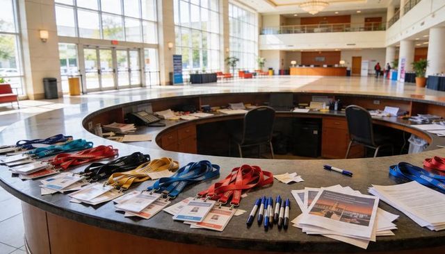 Registration desk displaying colorful lanyards, badges and conference materials in hotel atrium