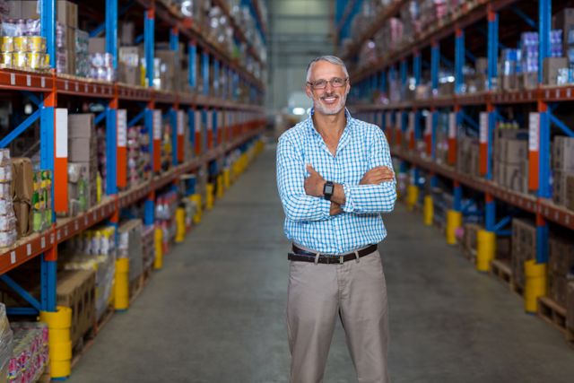 Confident warehouse manager standing with arms crossed in a well-organized warehouse. Ideal for use in articles or advertisements related to logistics, supply chain management, inventory control, and professional business environments.