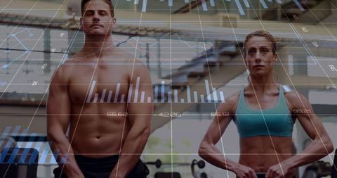 Standing fit man and woman showing focus in gym with data overlays and strength metrics