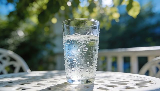 Glass of sparkling water on sunlit patio table with bubbles and garden leaves
