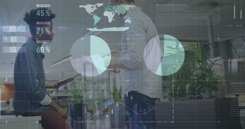 Coworkers Collaborating with Tablet and Documents Featuring Futuristic Data Visualization Overlays