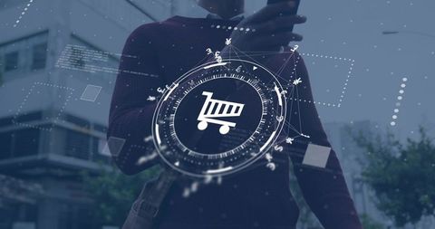 Augmented reality mobile shopping hud over urban commuter holding smartphone