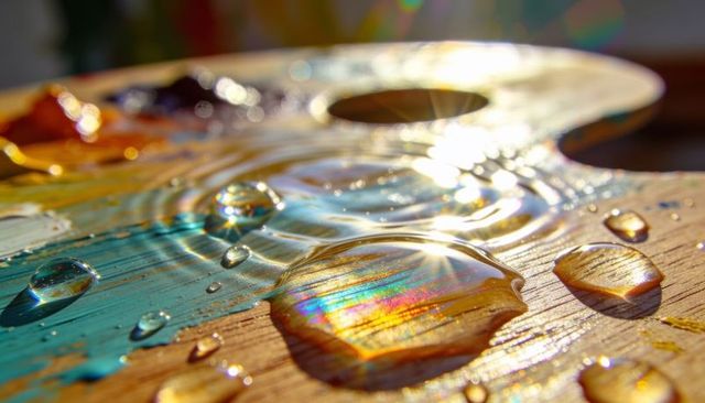 Iridescent water droplet on painted wood palette macro rainbow reflection and bokeh