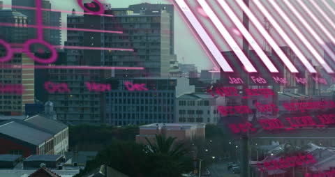 Abstract Data Analytics Overlaid on Modern Cityscape