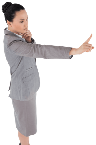 Transparent asian businesswoman pointing thoughtfully