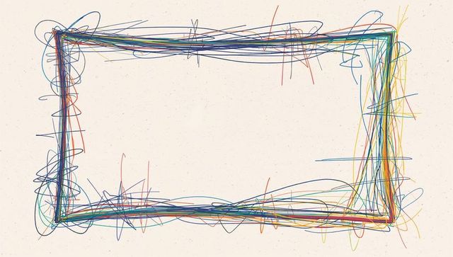 Colorful scribble frame border abstract linework creating negative space beige textured paper