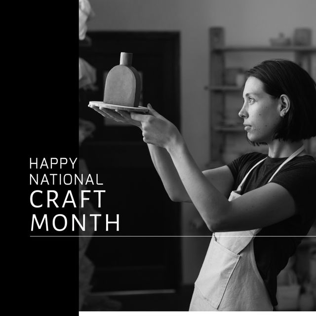 Composition of national craft month text over female potter holding bottle in workshop. National craft month, craftsmanship and small business concept.