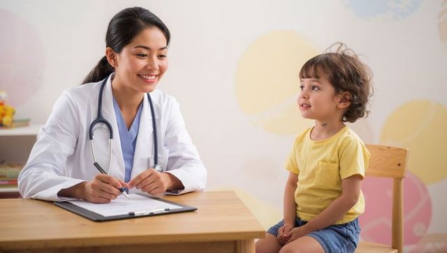 Pediatrician consulting cheerful child during wellness visit in bright pastel clinic
