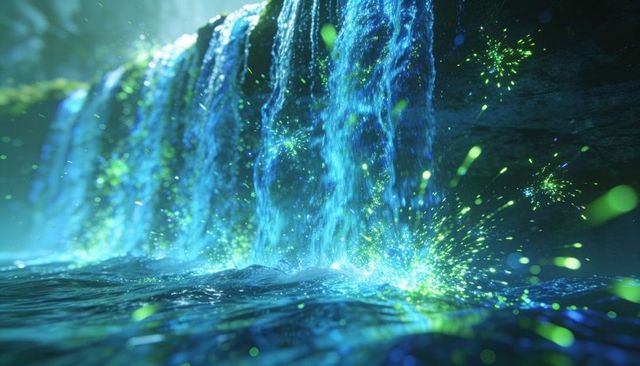 Cascading bioluminescent waterfall with neon teal particles in twilight grotto