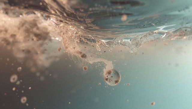 Macro speckled bubble drifting beneath rippled water surface with suspended particles