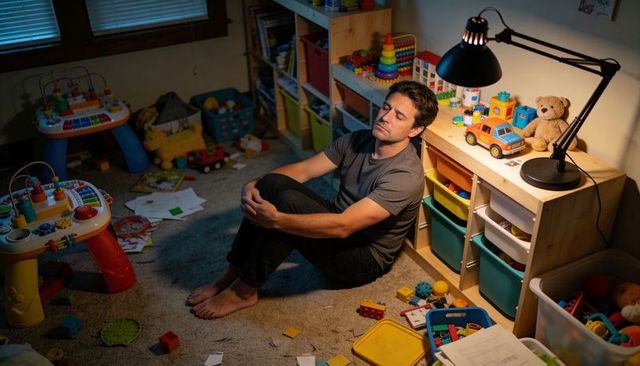 Exhausted father sitting on playroom floor late night among scattered toys, warm lamp glow