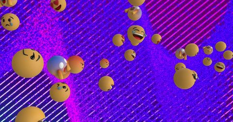 This vibrant scene shows various emojis floating across an abstract, digital landscape with bright, electric blues and purples. These emojis convey various emotions, making them a fun representation of social media interactions and digital communications. Ideal for use in social media marketing materials, digital products, or as a creative tech background emphasizing emotional expressiveness online.