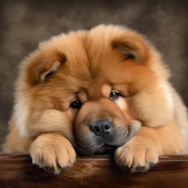 Portrait of cute chow chow puppy lying on wood, created using generative ai technology. Animal, puppy, pet and dog concept digitally generated image.
