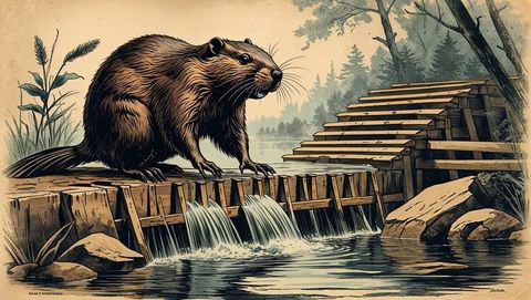 Beaver balancing on rustic log dam in natural marsh setting